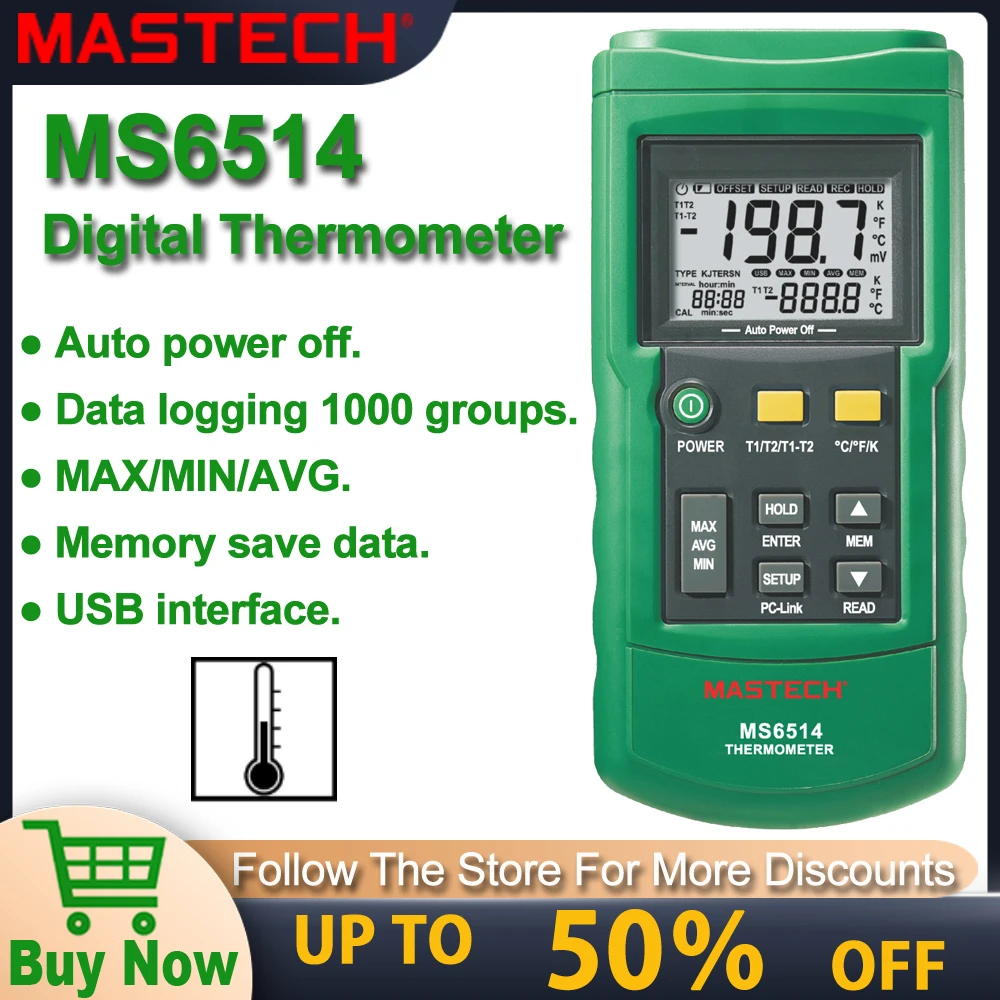 MasTech MS6514 Digital Thermometer Data Logger Dual Channel Temperature Tester USB Interface 1000 Sets Data KJTERSN Thermocouple