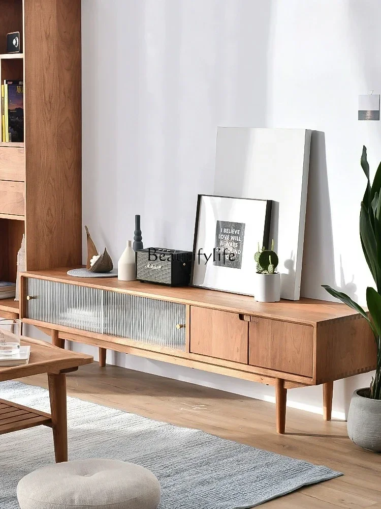 13Nordic solid wood TV cabinet Changhong glass storage cherry wood function cabinet