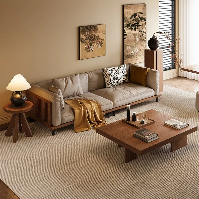 

New Chinese-style solid wood sofa combination technology fabric straight row small apartment living room home new log zen