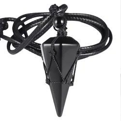 Natural Stone Hexagonal Pointed Pendant Cone Shape Pendulum Black Cord Adjustable Necklace Crystal Reiki Healing Jewelry Gift