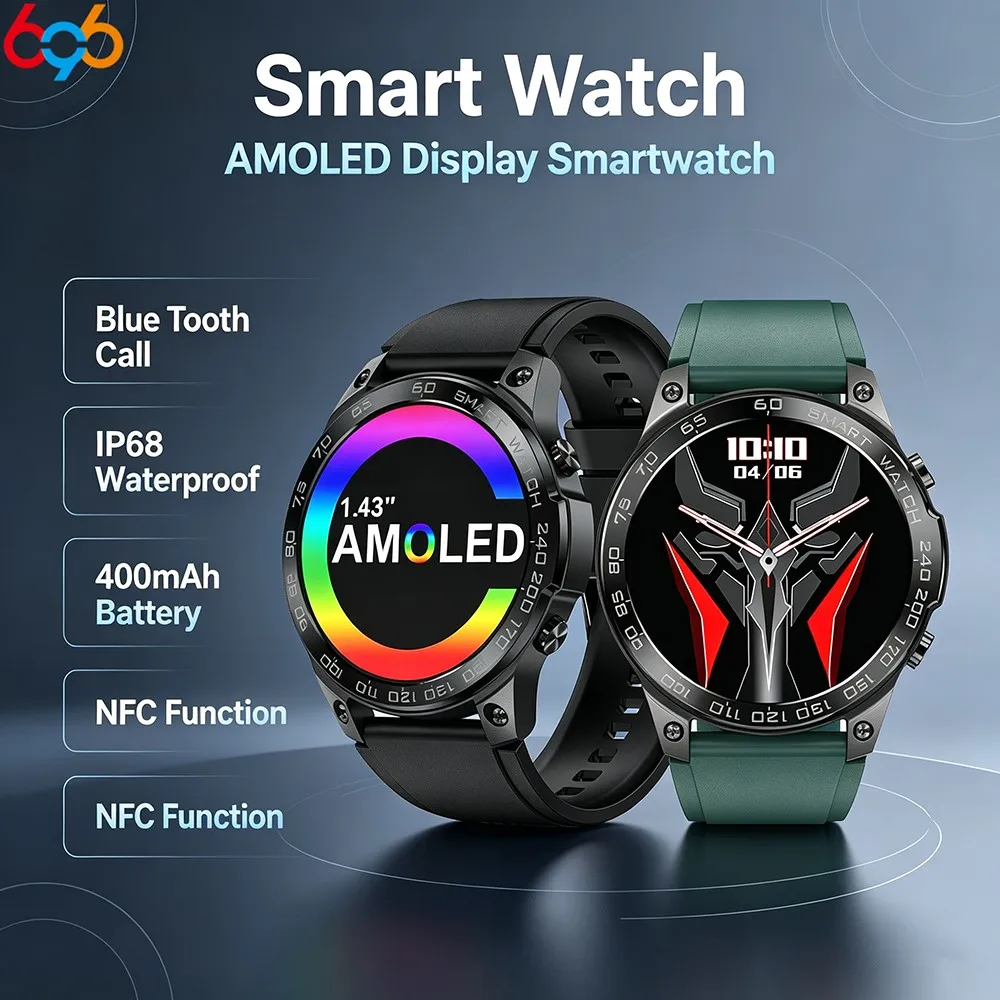 Men NFC AMOLED Smart Watch 400mAh Battery, Blue Tooth Call Waterproof Heart‑Rate Fitness Weather Multi‑sport Wrist‑watch