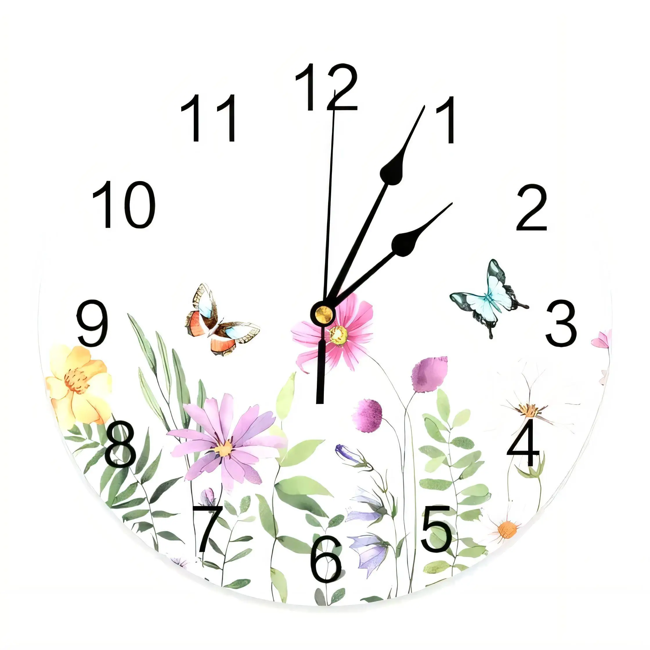 Vintage  Round Wall Clock Floral Watercolor Butterflies Silent Non Ticking Battery Operated Home Garden Decor
