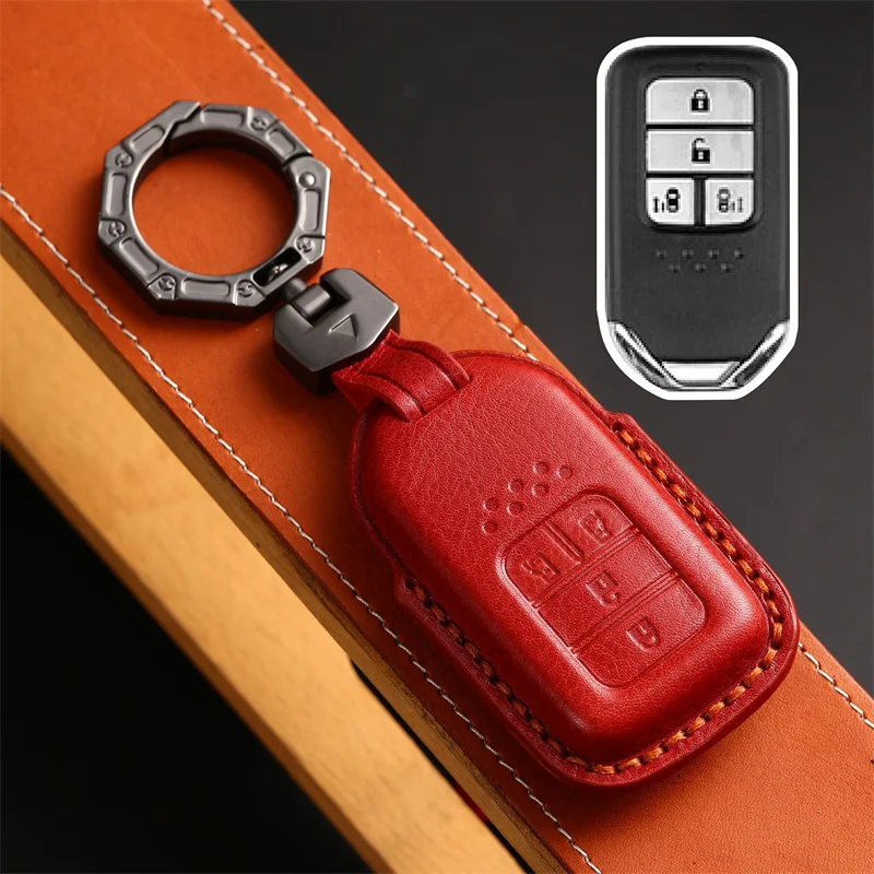 Genuine Leather Car Key Fob Cover with Keychain, Key Case Full Protection for Honda City Turbo Crider XRV 10th Civic Accord