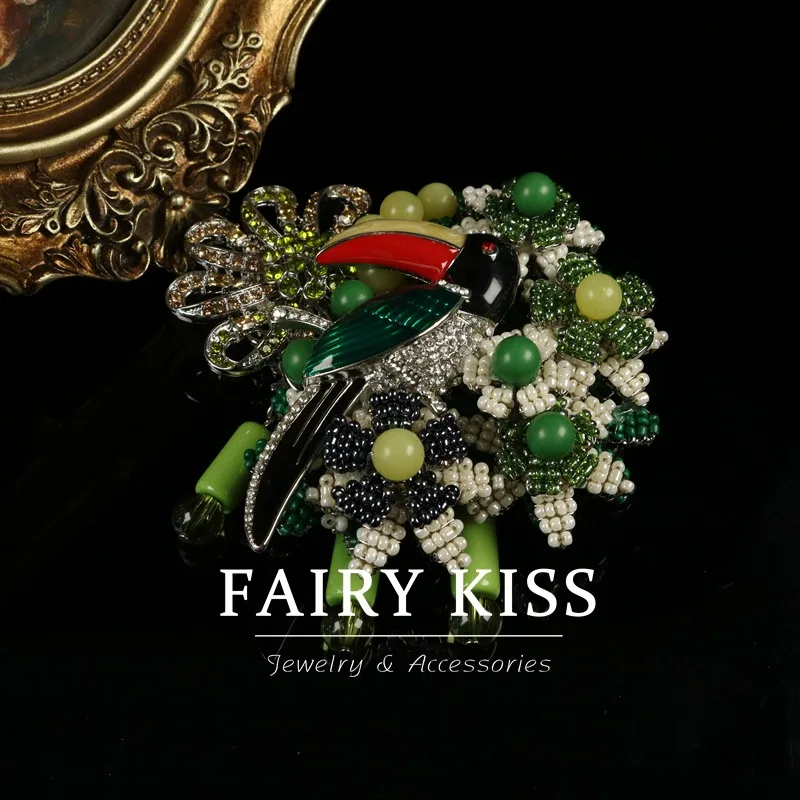 Handmade Beaded Floral Toucan Bird Brooch Silver Plated Enamel Multicolor Cubic Zirconia Vintage Coat Lapel Pin