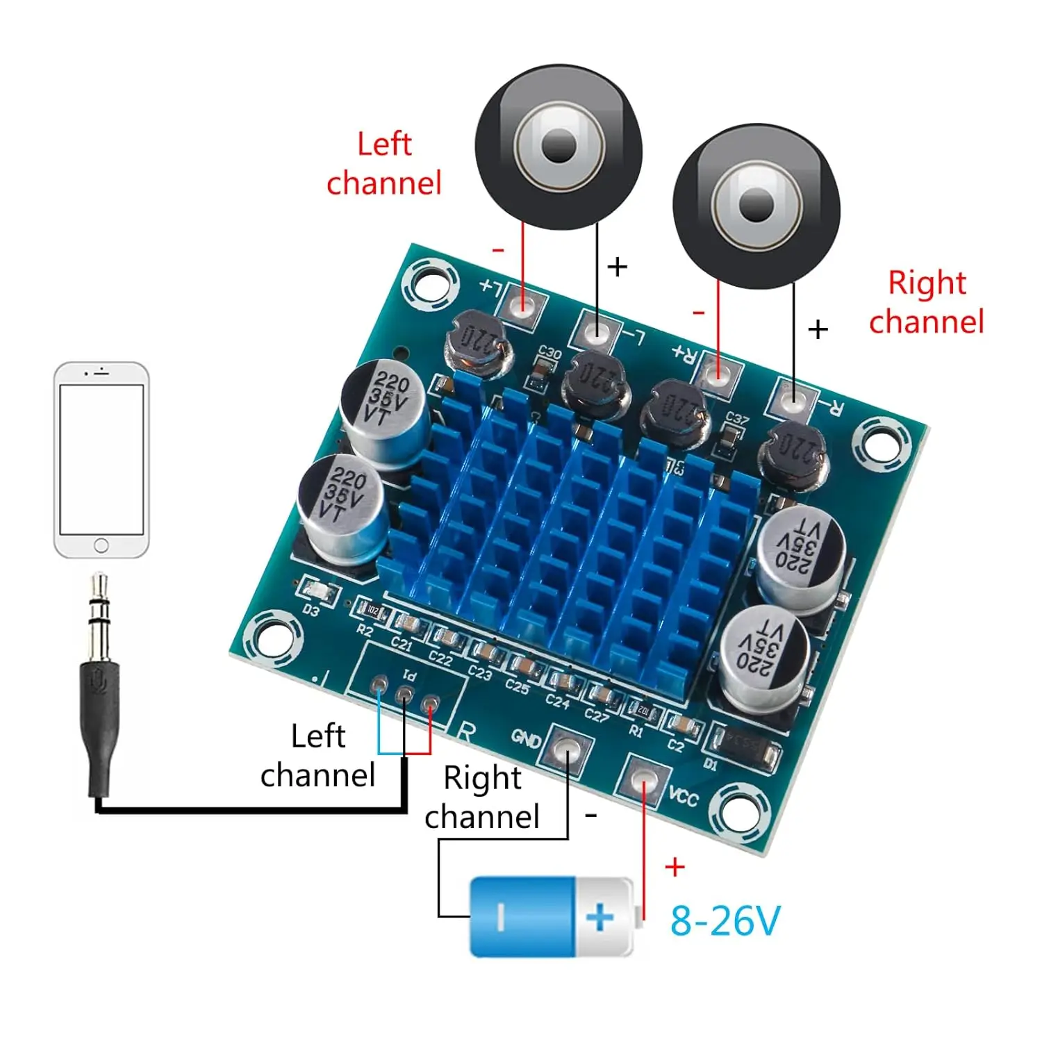 TPA3110 Digital Stereo Audio Amplifier Board XH-A232, 30W+30W 2.0 Channel AMP Module, DC 8-26V 3A for DIY Speaker Projects