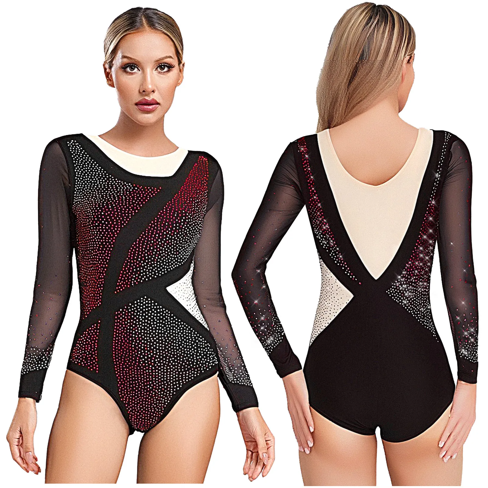 

Leotards Women Figure Skating Dance Gymnastics Ballet Bodysuit Long Sleeve Mesh Patchwork Glittery Rhinestones Dance Jumpsuit