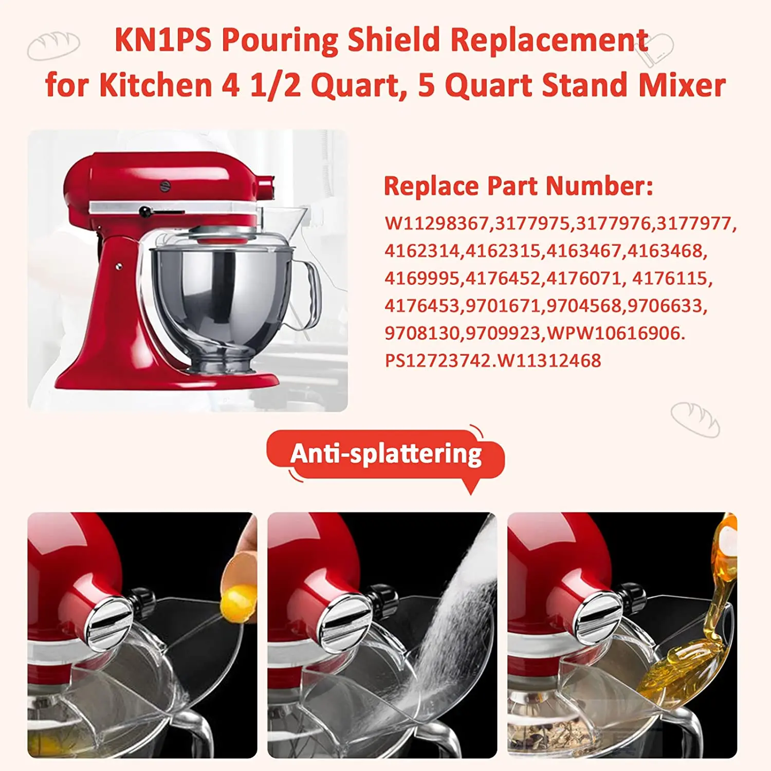 KN1PS dumping cover 4.5-5 quarts (about 4.5-5 quarts), KN1PS dumping shield bracket mixer compatible with kitchen mixing bowl,