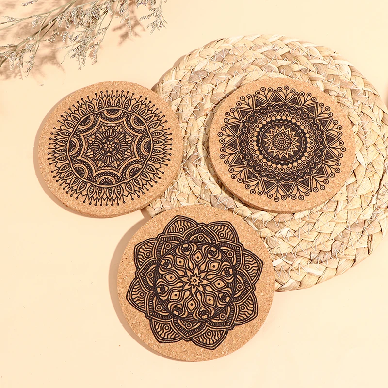 12Pcs Mandala Design Round Shape Wooden Coasters With Rack Round Cork Coaster