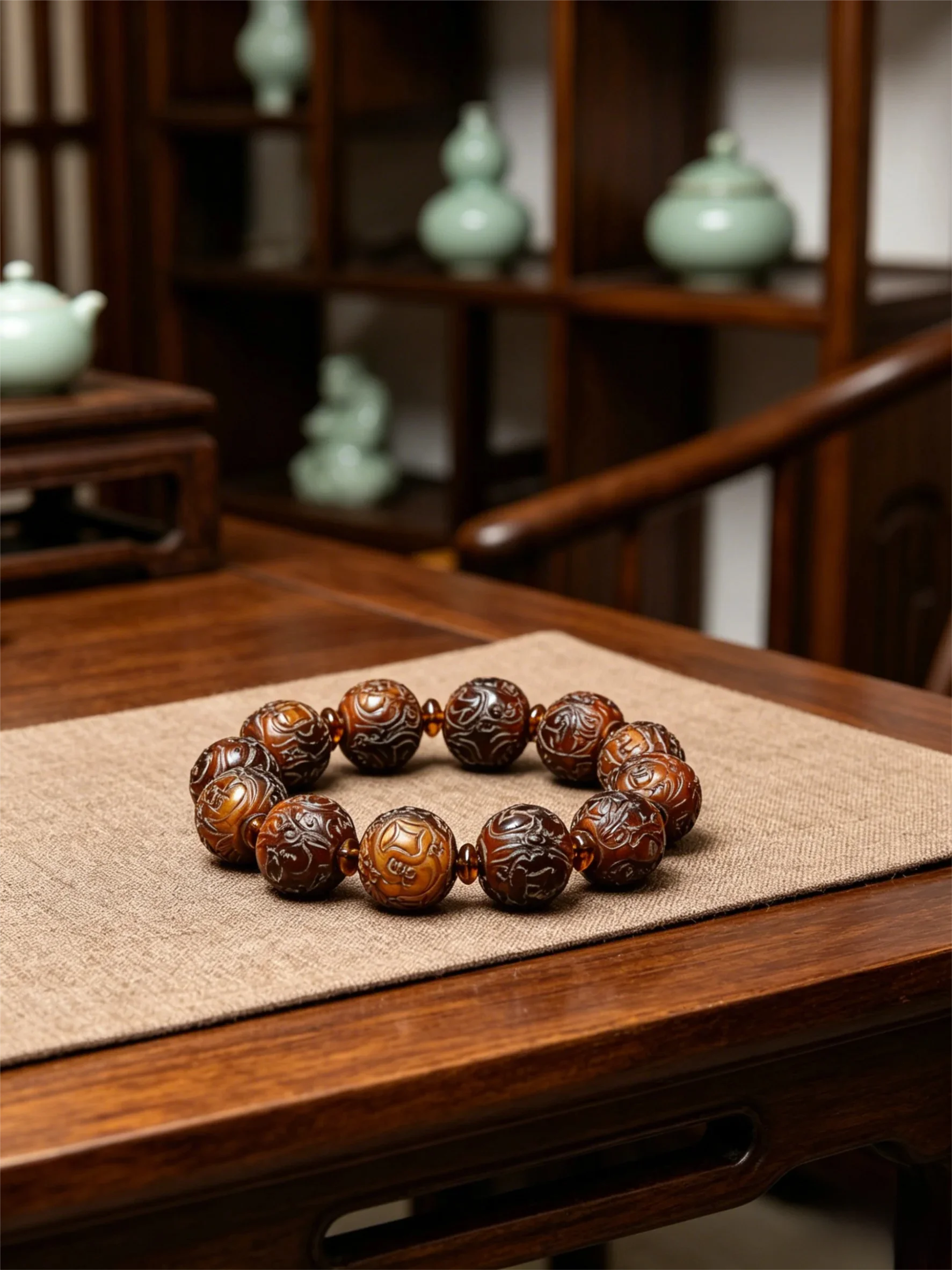 Premium Natural Buffalo Horn Maitreya Buddha Prayer Beads Bracelet for Men, Handheld Worry Bead Play Piece