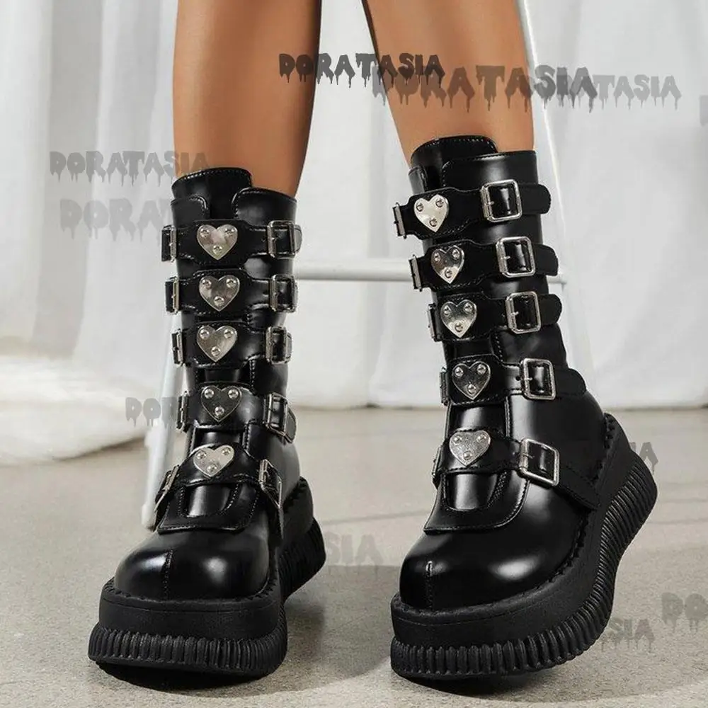 Platform Women Motorcycle Boots Buckle Thick Wedges Heel Mid Calf Shoes Luxury Punk Goth Cosplay Lolita Holloween Wintter Boots