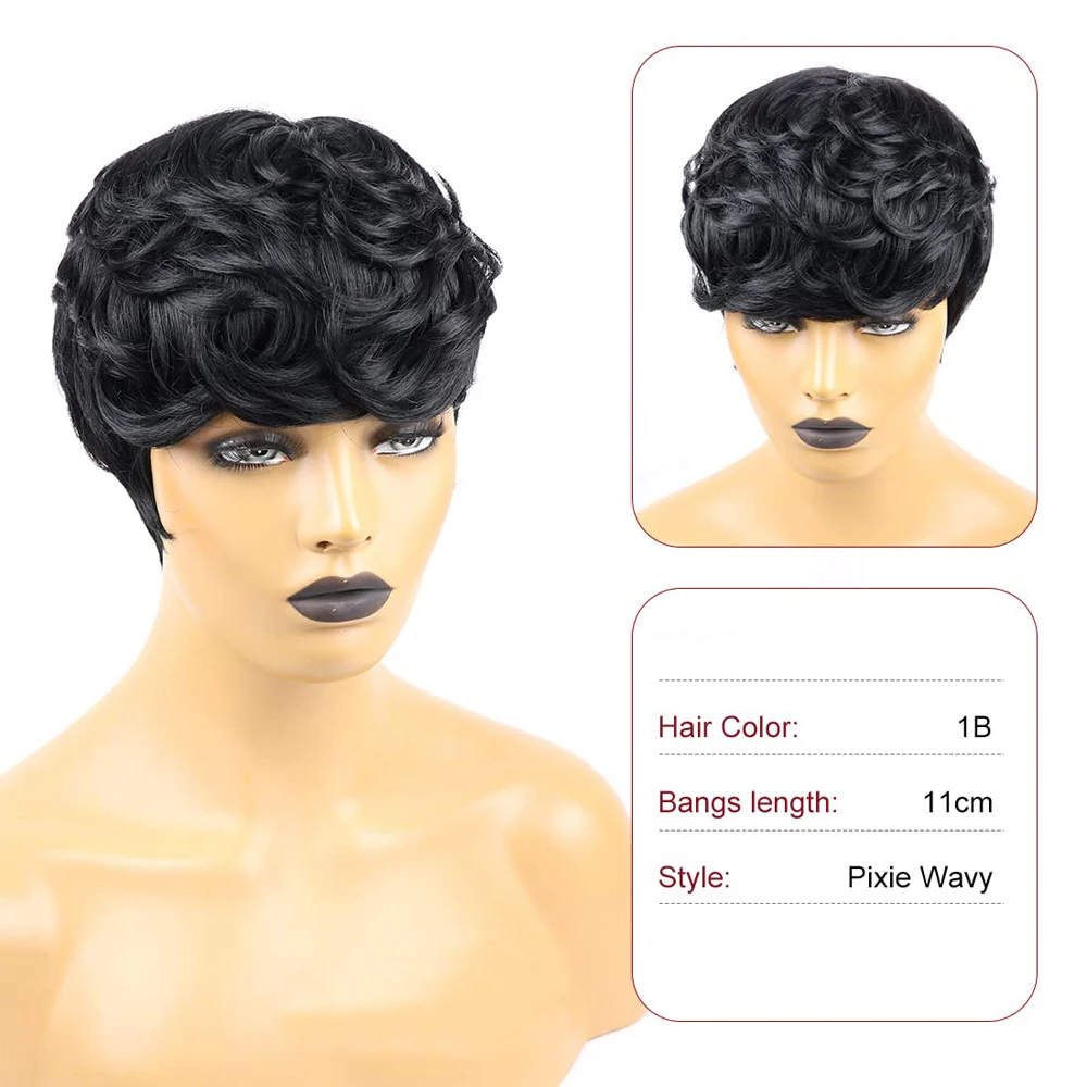 Short Pixie Wigs for Black Women Short Black Curly Pixie Wigs Synthetic Hair Wigs for Black Women Natural Wavy Black Pixie Cut W
