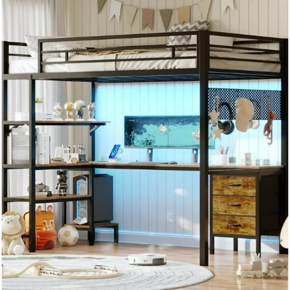 

Loft Bed Twin Size with L-Shape Desk & RGB LED Lights & Charging Station, Twin Bunk Bed with Fabric Drawers & Shlves,Noise Free