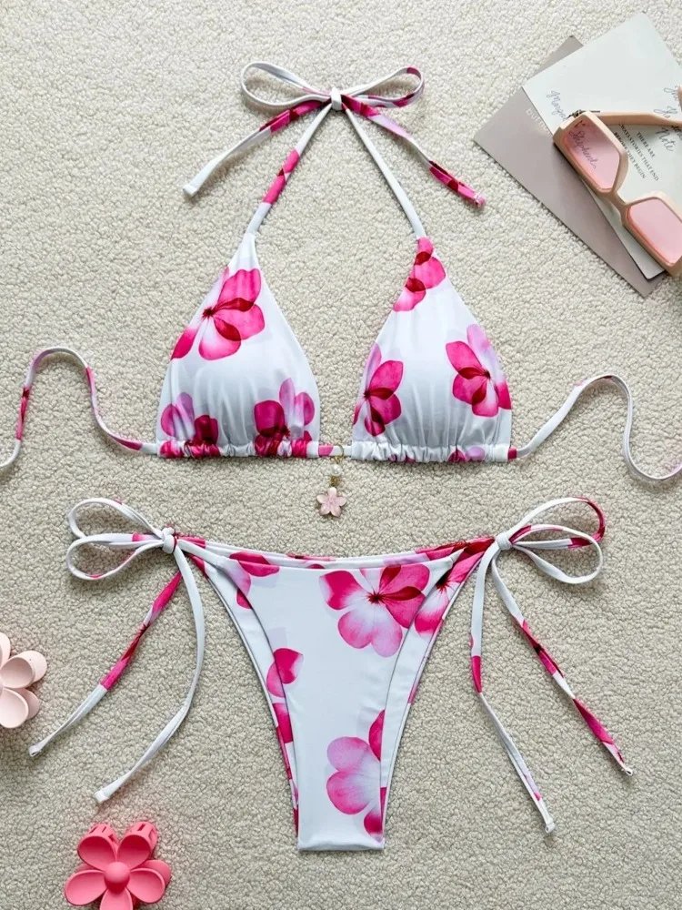 

Sexy Lace Up Hollow Out Hanging Neck Women Backless High Waist Swimsuit Bikini Slim Fit Two-piece Set 2025 Swimwear Female Beach