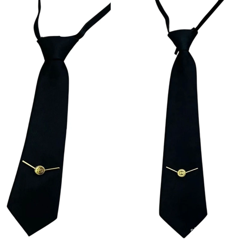 E56A Fixed Knot Necktie for Men and Women, Black Polyester Neckwear with Gold-Tone V Accent and Easy Neck Strap Adjustable