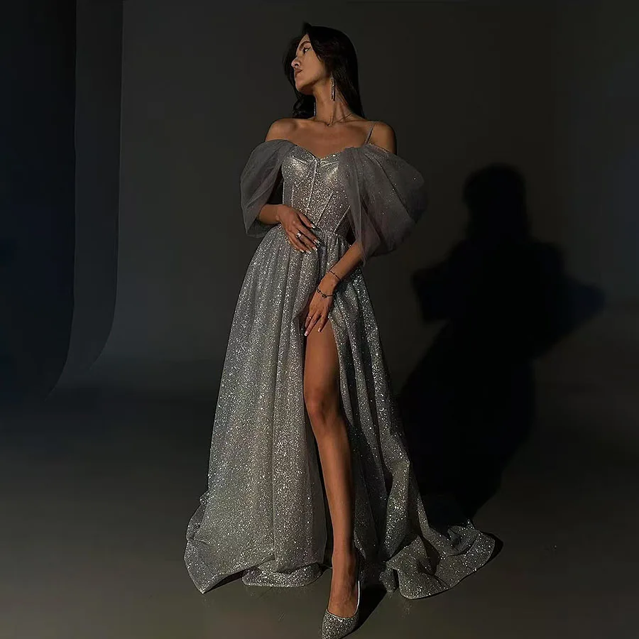 OEING Elegant Sparkly Evening Dresses Spaghetti Strapless Off The Shoulder Party Prom Dresses 2025 Silver Robe De Soiree