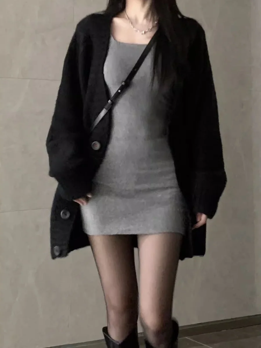 

Женский вязаный открытый кардиган, свитер, верхняя одежда, свободный крой, V-Ne, повседневный комплект средней длины, комплект из двух предметов, осень-зима, Новое поступление