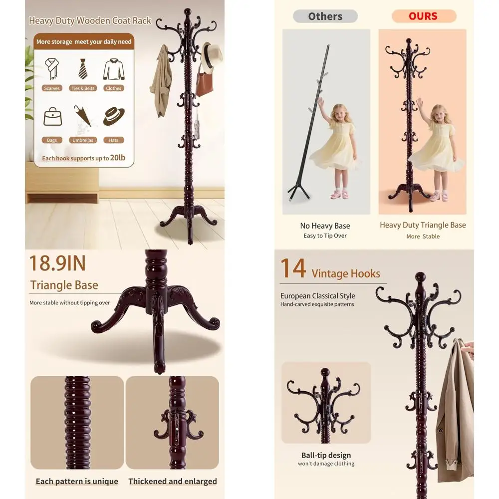 

Vintage Solid Wood Freestanding Coat Rack with 14 Hooks, Heavy Duty for Home and Office