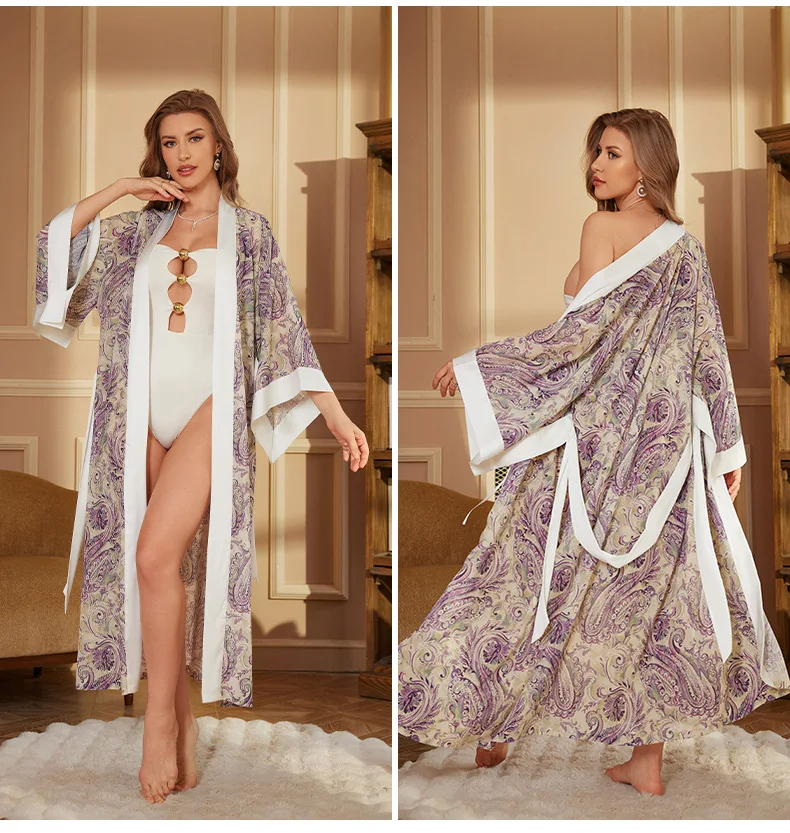 Flower Print Morning Gown Long Kimono Shower Robes for Lady Elegant Home Clothes Loose Peignoir Sexy Nightgown Nightdress