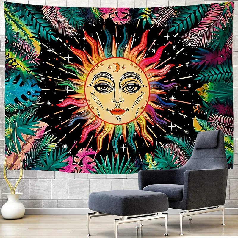 

Smiling Sun Tapestry Colorful Burning Sun Stars Space Tapestry Aesthetic Psychedelic Hippie Palm Leaf Wall Hanging for Bedroom