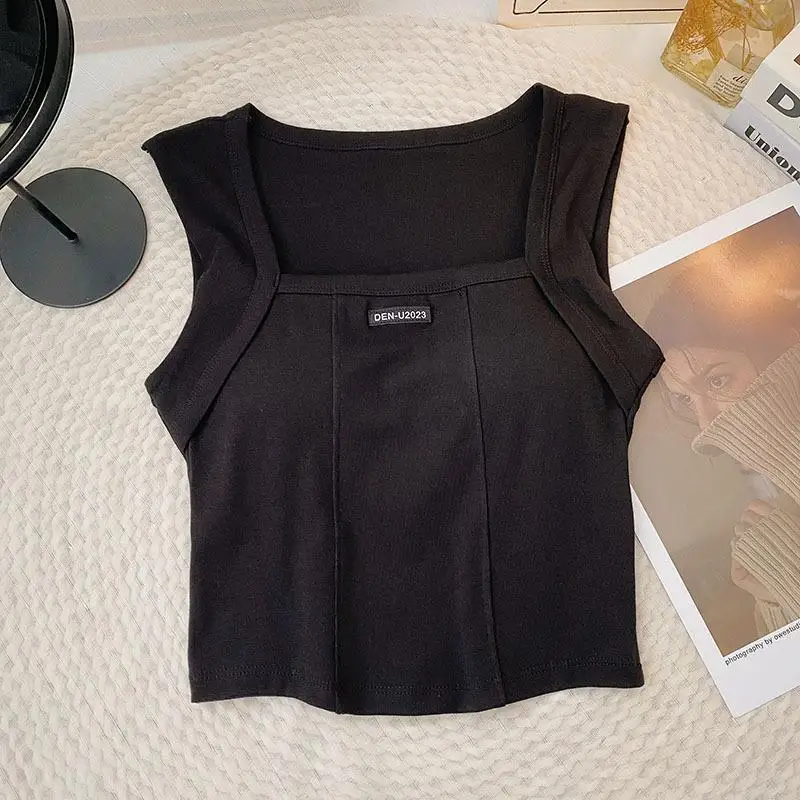 women Short tank tops slim fit chest pad beautiful back in summer versatile solid color square neck bottom top small tank top