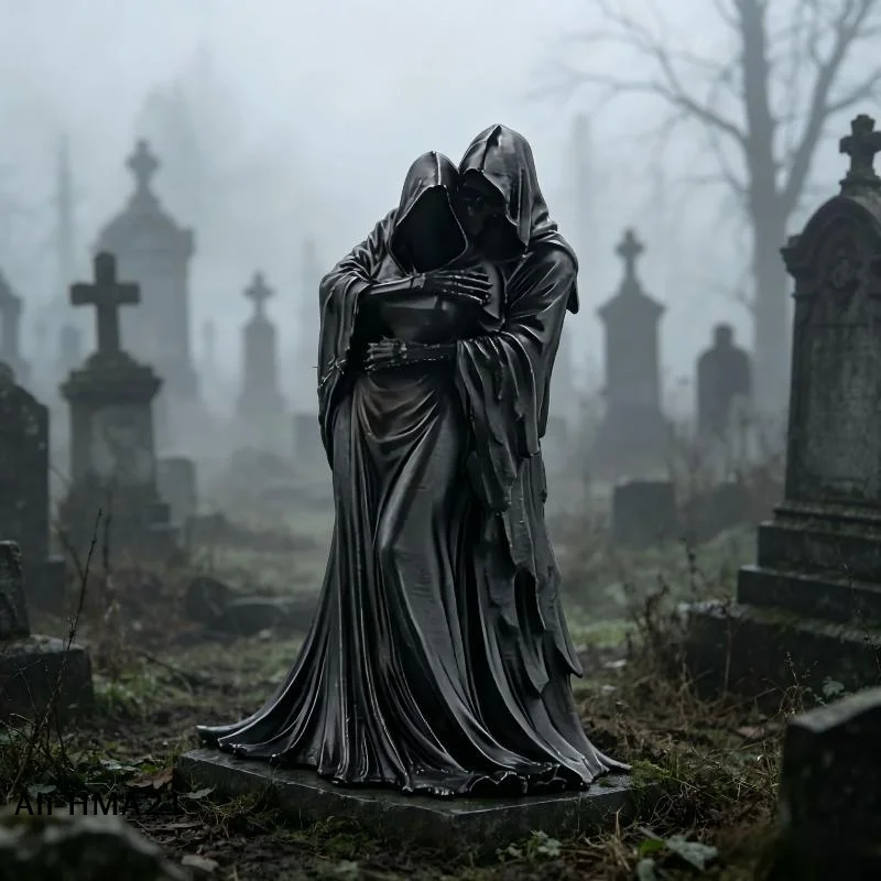 【H】3D Printed Grim Reaper Hugging Couple Statue Exquisite Detail Gothic Design Perfect Halloween Desktop Decor