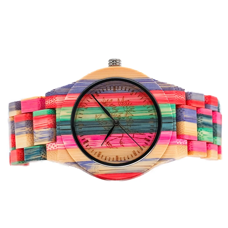 Colorful Bamboo Quartz Ladies Wooden Watch Bamboo Pattern Dial Design Colorful Wooden Strap Women\'s Wristwwatch Clock Gift D8196