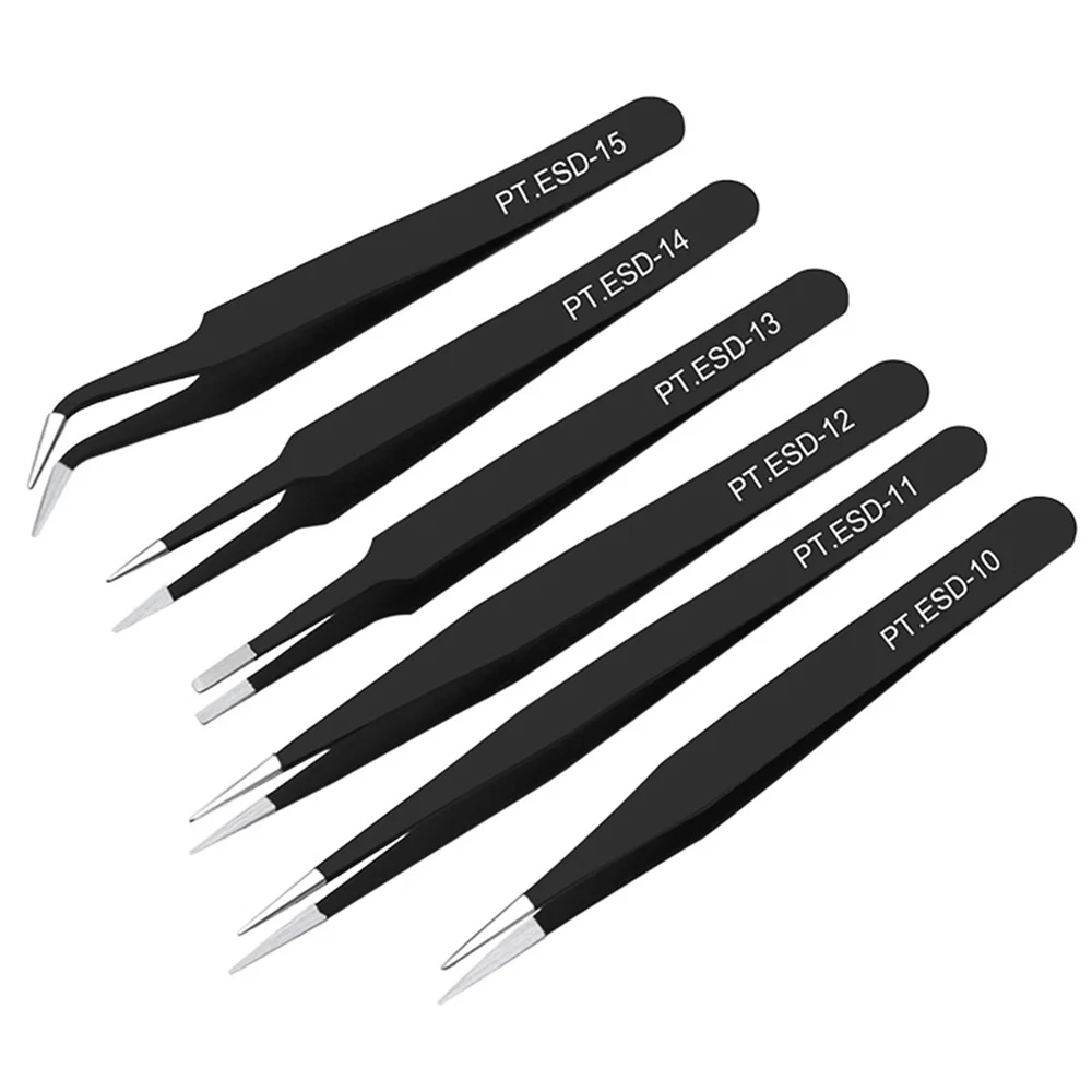 ESD Anti-Static Stainless Steel Tweezers Precision Maintenance Industrial Repair Curved Tool Home Working Model Making Hand Tool