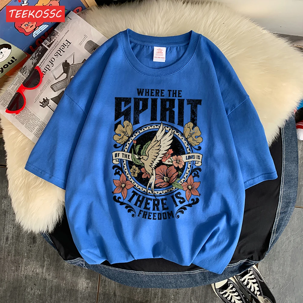 Where The Spirit There Is Freedom Printed Men'S Tshirt Cartoon Art Tees Popular Cotton T Shirt Retro Loose Short Sleeved