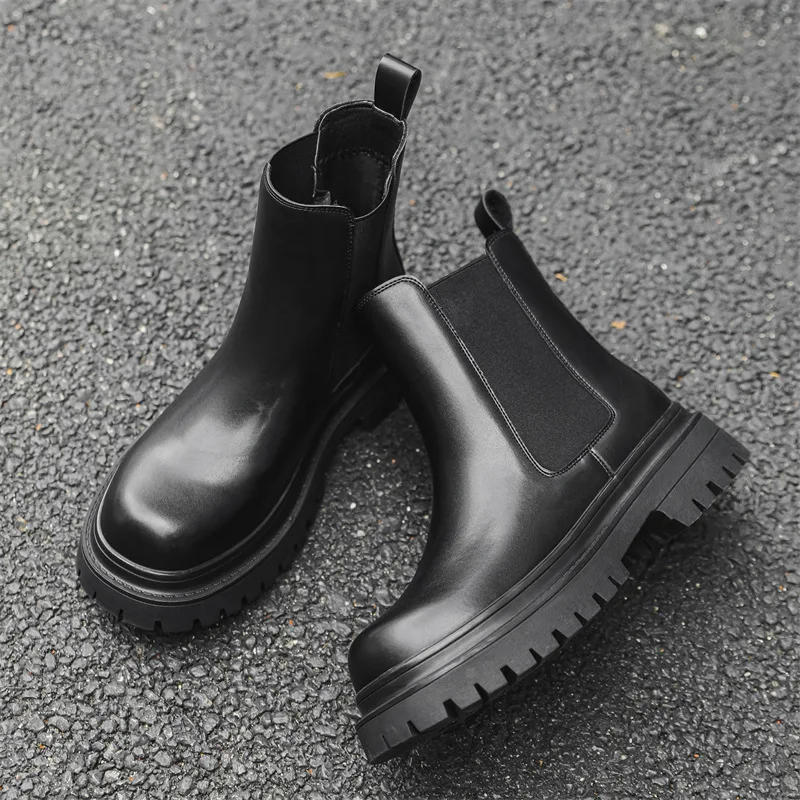 mens fashion stage nightclub high chelsea boots slip-on genuine leather shoes cowboy platform boot cool long motorcycle botas