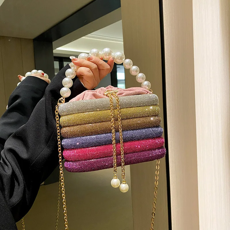 Luxury Diamond Box Bag Handbag Pearls Beaded Handle Evening Clutch Rhinestone Shoulder Crossbody Bag Candy Color Drawstring Bag