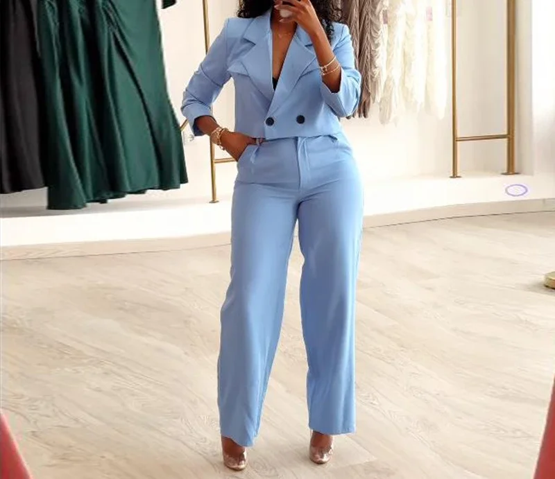 2 Piece Pants Set Women Outfit New Fashion Solid Flip Collar Suit Top and Fashion Wide Leg Long Trousers Casual Suit 2024 Summer