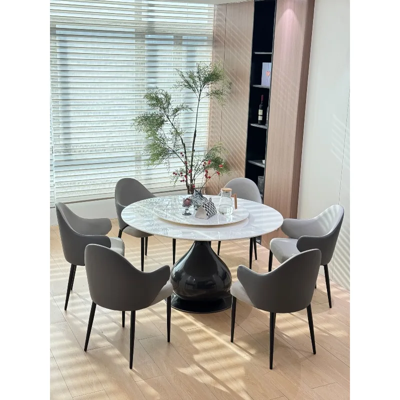 

White jade natural luxury stone dining table Italian light luxury high sense household round marble dining table and chairs with