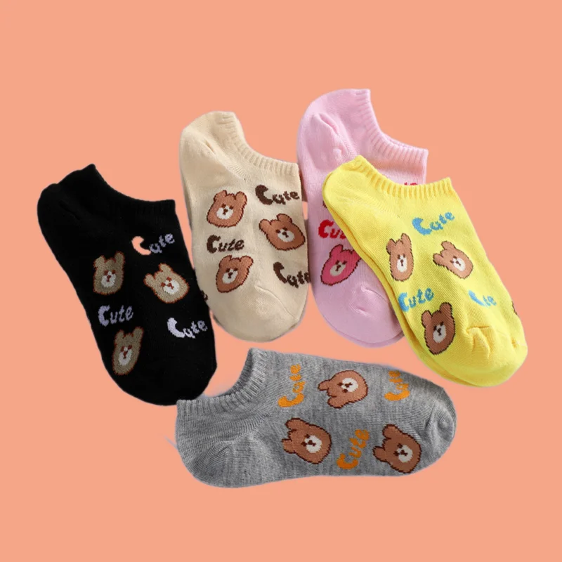 

5/10 Pairs 2024 New High Quality Cartoon Bear Boat Socks Women Sweet Style Short Socks Summer Thin Breathable Shallow Socks