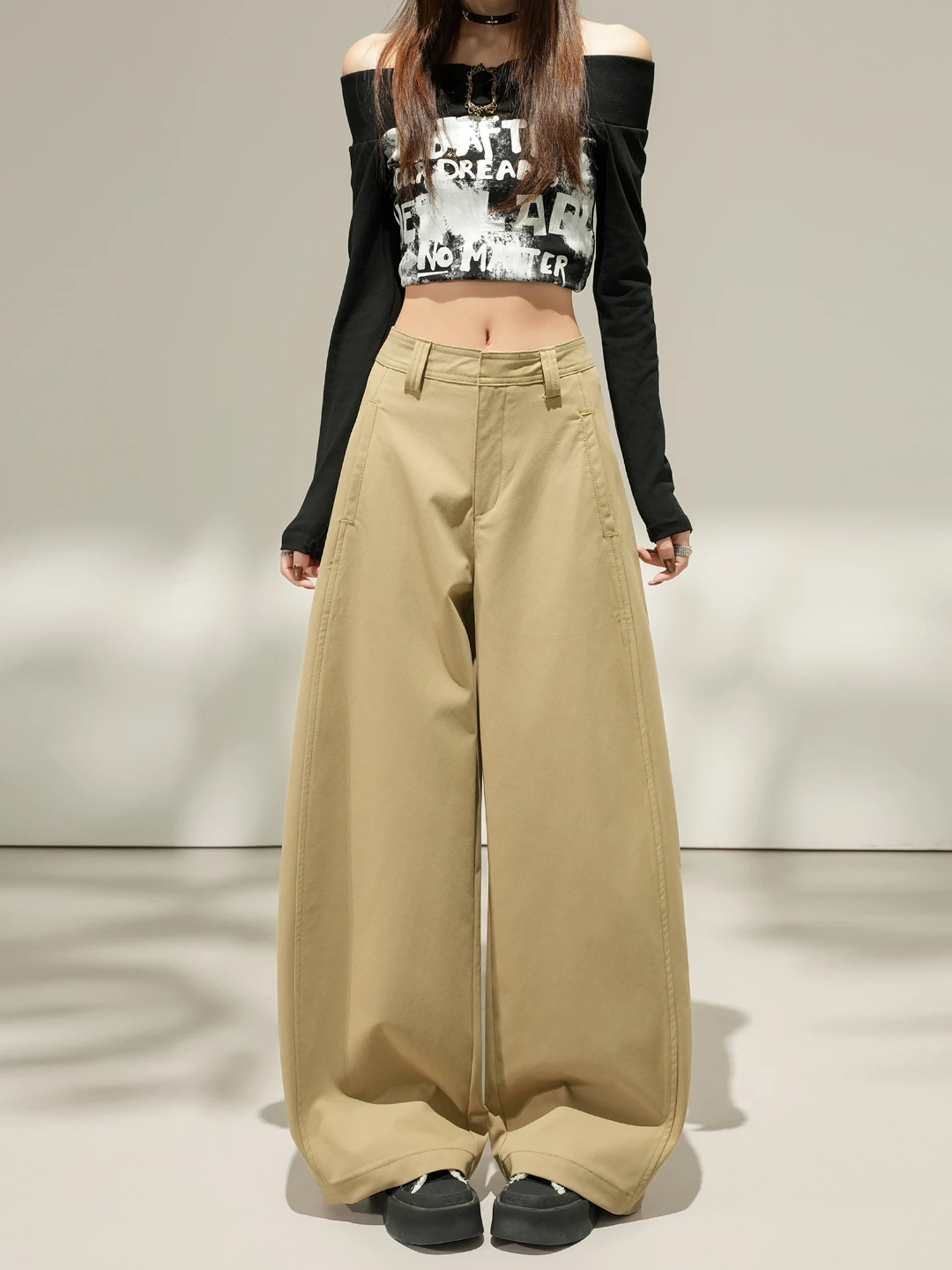 카키 레트로 나이프 워크 팬츠 하이웨이스트 루즈 캐주얼 여성용 바지 봄 가을 와이드 레그 팬츠 힙 커버
