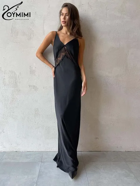 Modne sukienki na cienkich czarnych ramiączkach Oymimi dla kobiet elegancka bez pleców koronkowa sukienka z dekoltem w szpic