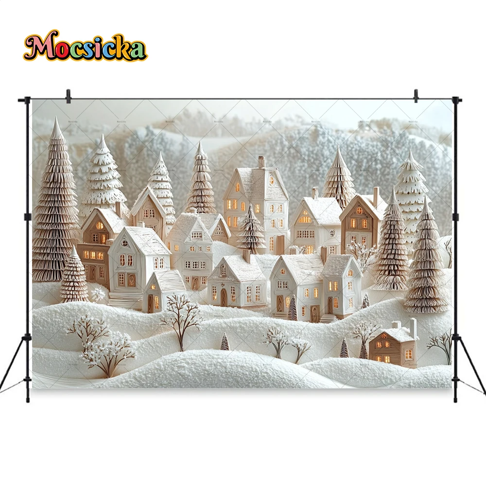 Mocsicka White Christmas Town Background Photography Snowy Houses Xmas Tree Frozen Backdrop Kids Winter Cake Smash Photo Studio