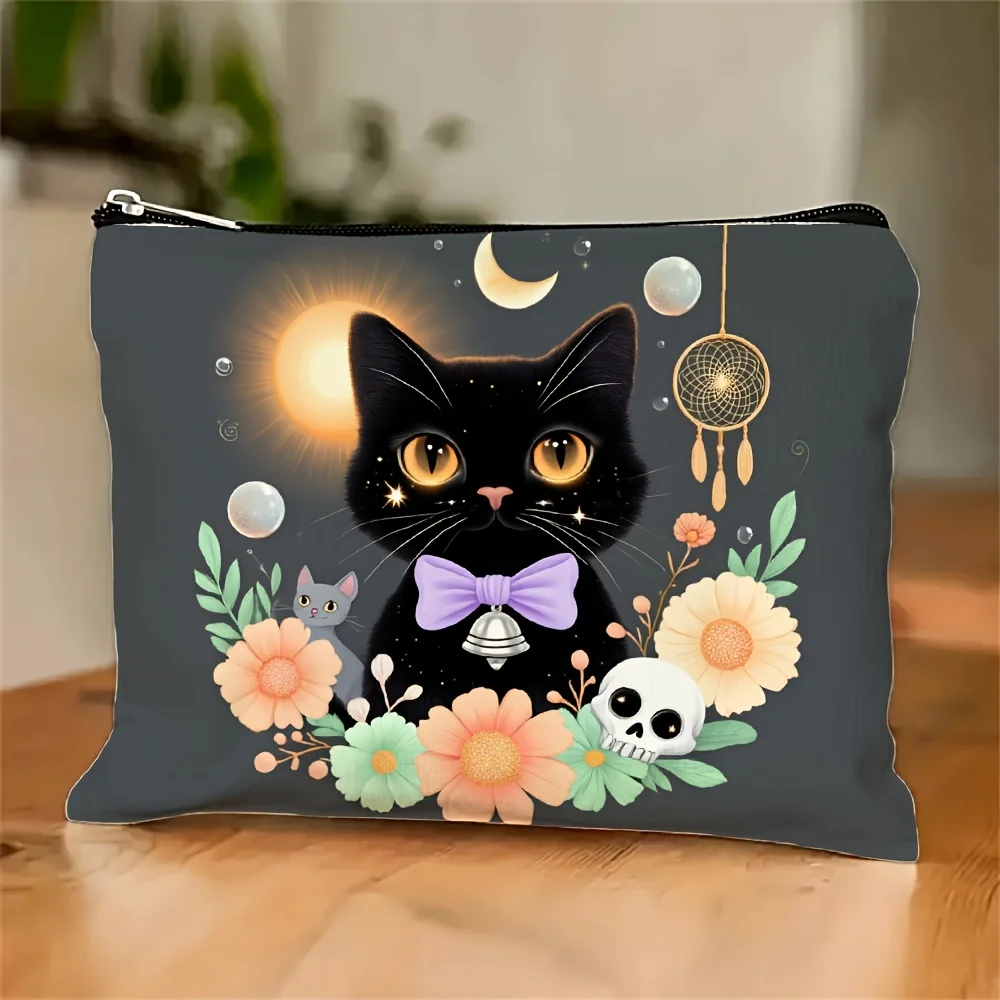 

A Black Cat And Bowknot Printed Makeup Bag- Multifunctional Zipper Pouch, Jewelry Storage Bag, Perfect Travel Zipper Small Stora