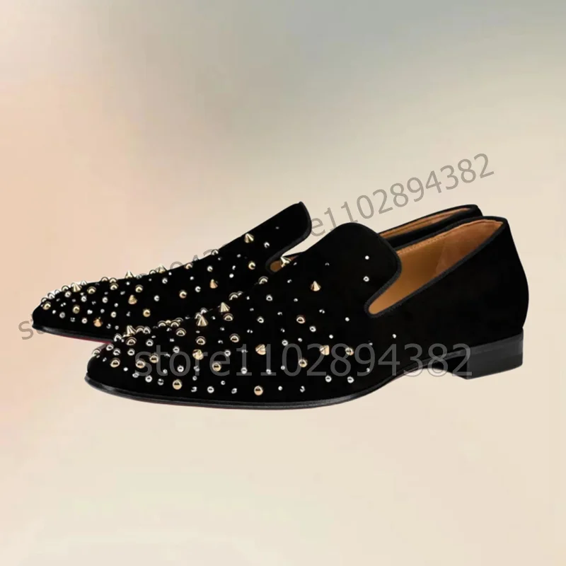 

Gold Silver Rivets Decor Black Flock Square Toe Loafers Fashion Slip On Men Shoes Luxury Handmade Party Banquet Men Casual Shoes