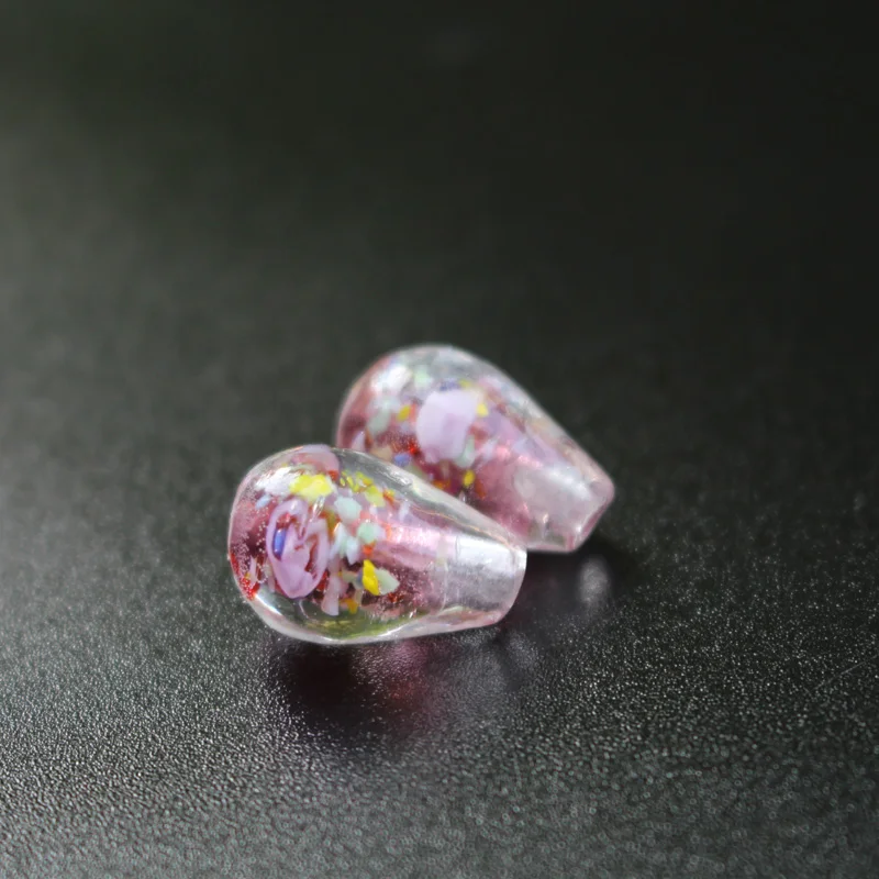 20Pcs 9mm*16mm Drop Shape Lampwork Glass Beads Flower With Inner Colorful Pieces DIY White Purple Color for Jewelry Making