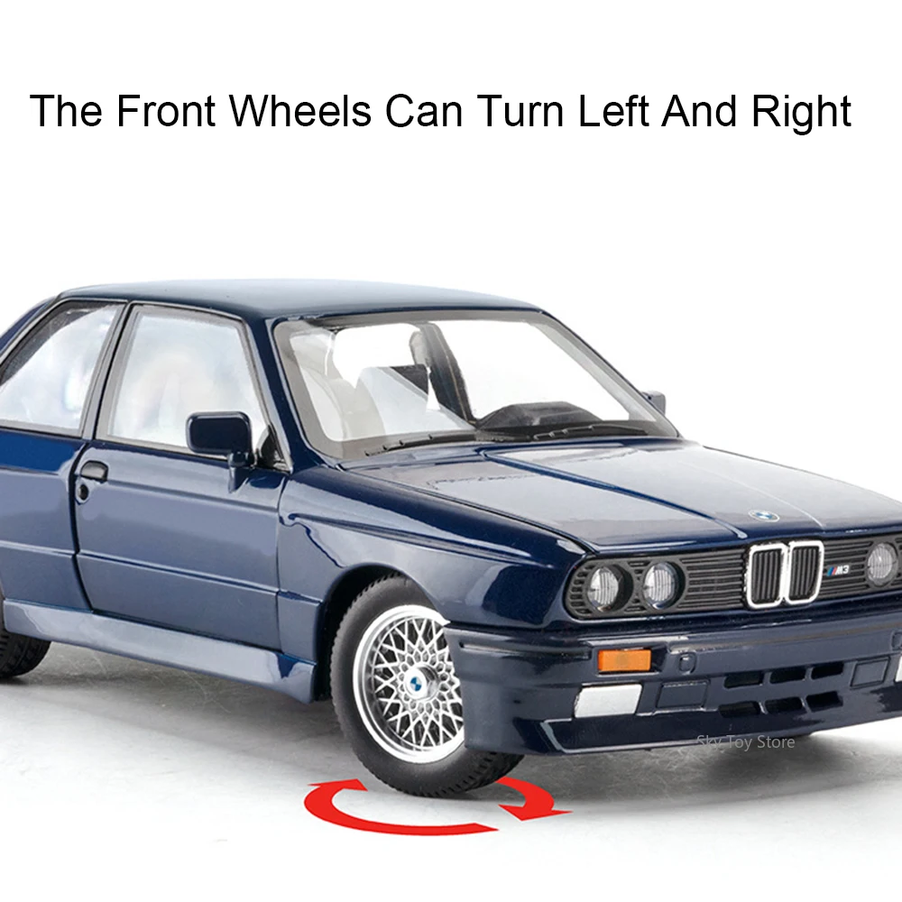 รถของเล่นจำลองโลหะผสม M3 ขนาด 1:24 พร้อมระบบพวงมาลัย ล้อหน้าหมุนได้ ประตูเปิดได้ มีเสียงและไฟ  แบบดึงหลัง ของขวัญสำหรับแฟนหนุ่ม