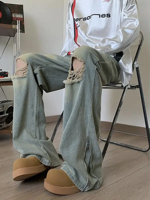 

American Vibe Wind Straight Leg Jeans Men's Casual Loose Fit Bell Bot Zipper Hole Design Classic Blue Denim Jeans