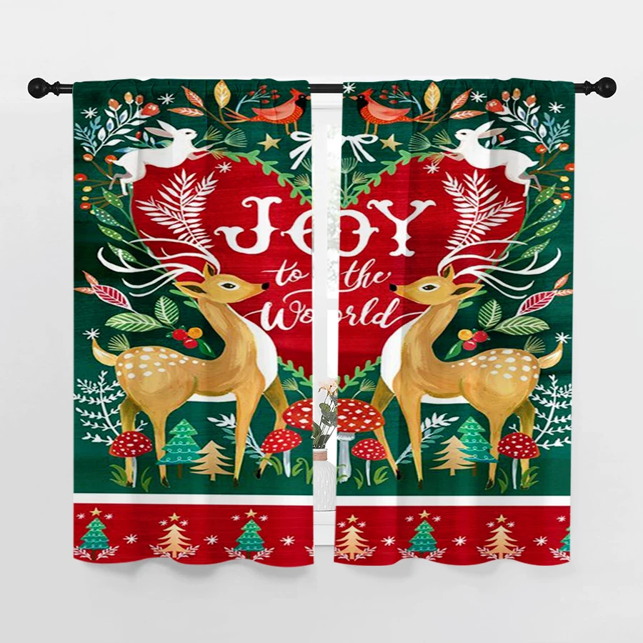 2PCS Christmas Digital Print Curtains, Joy to World Deer Green Red Xmas Design, Inspiring for Living Room Bedroom Window Decor