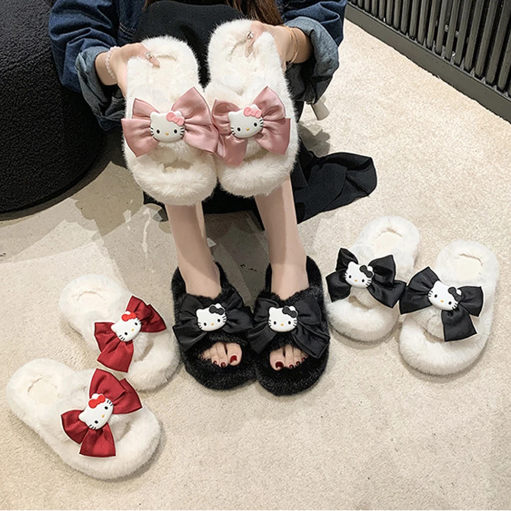 

Тапочки с героями мультфильмов «Hello Kitty», женские плюшевые тапочки в стиле аниме, домашняя обувь для девочек, студенческие нескользящие мягкие домашние тапочки на толстой подошве Kt