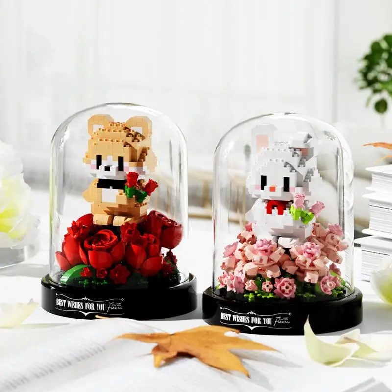 Criativo animal bloco de construção jardim, cão dos desenhos animados, coelho, rosa, mini pet tijolo modelo, decoração home, brinquedo da educação, presente das crianças