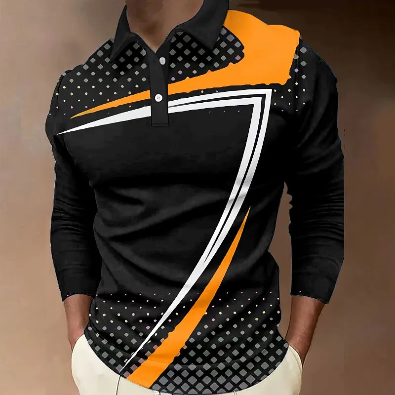 

3D Printed Simple Stripe Pattern Polo Shirt Fashion Outdoor Sports Long Sleeve Pullover Loose Lapel Button Autumn Casual Clothes