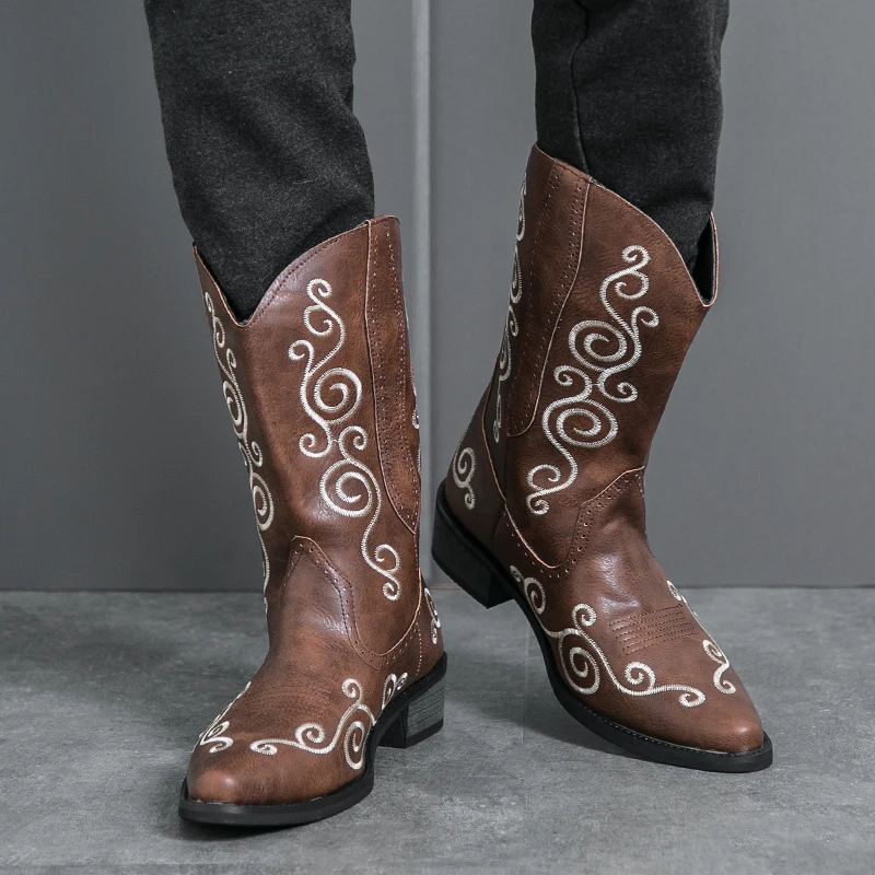 

Men High Top Denim Boots PU Pointed Embroidery Trendy Men Boots Sizes 38-46