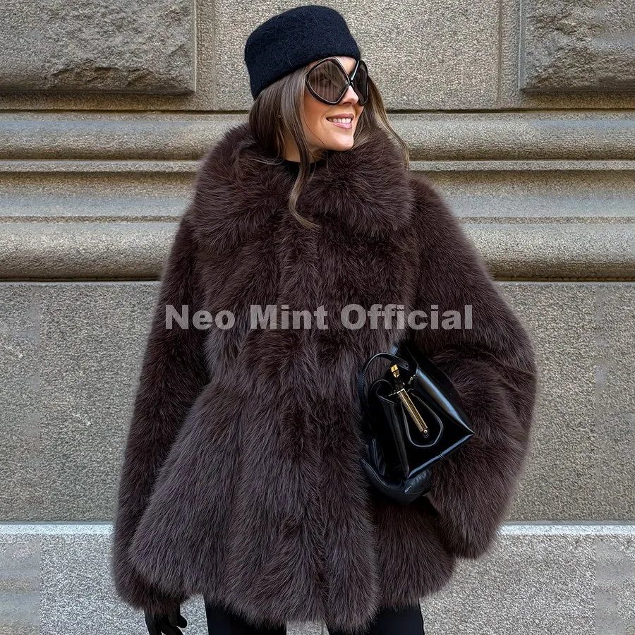 Neo Mint Trendy 2026 Winter Hot Chocolate Brown Peplum Fur Jacket Women Vintage Fashion Fluffy Faux Fox Fur Coat Long Outerwear