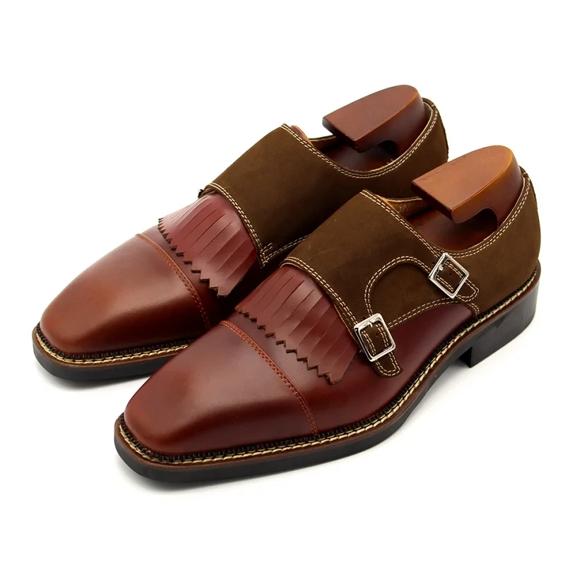 Spring/Summer New Genuine Leather Tassel Brown Monk Shoes with Square Heels and Elevated Banquet Large and Small Men's Shoes