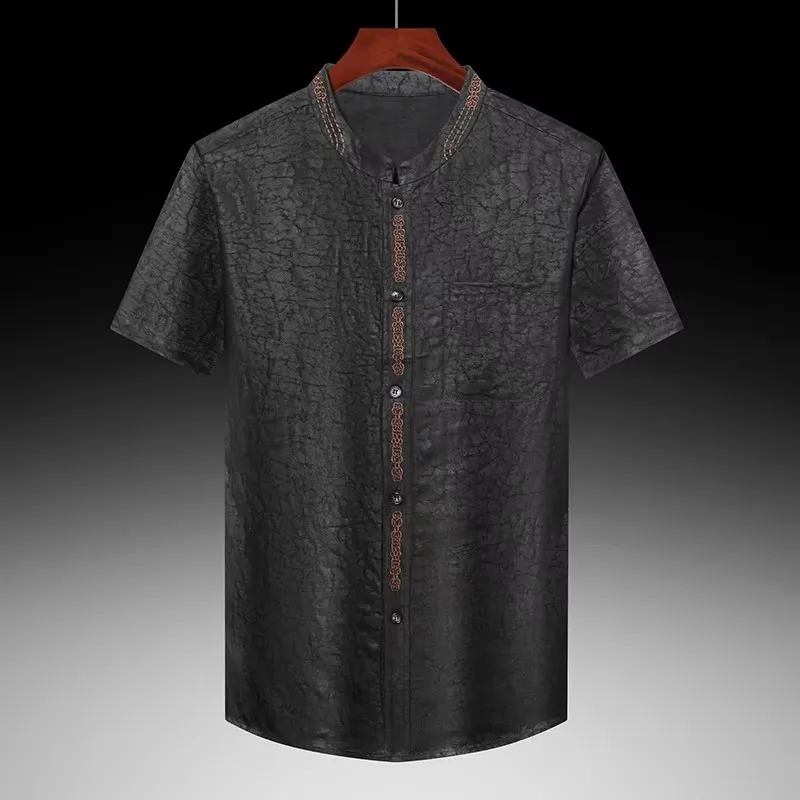 

High-End Embroidery Shirts For Men Short Sleeve Natural Silk 100% Summer Cool Quality Tang Costume Lightweight Camisas De Hombre