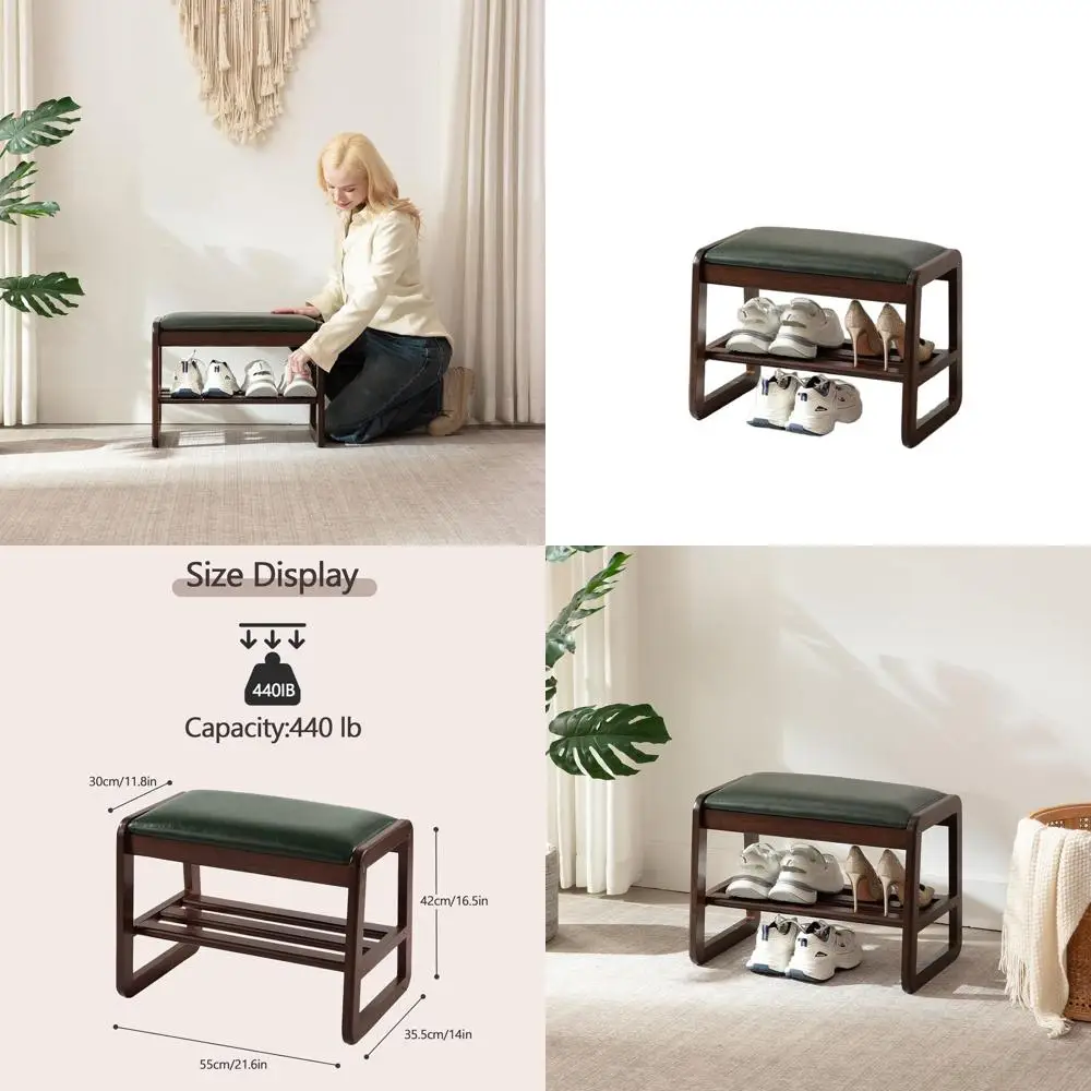 

2-Tier Wooden Shoe Storage Bench with Cushion for Entryway or Living Room, Green, 21.6